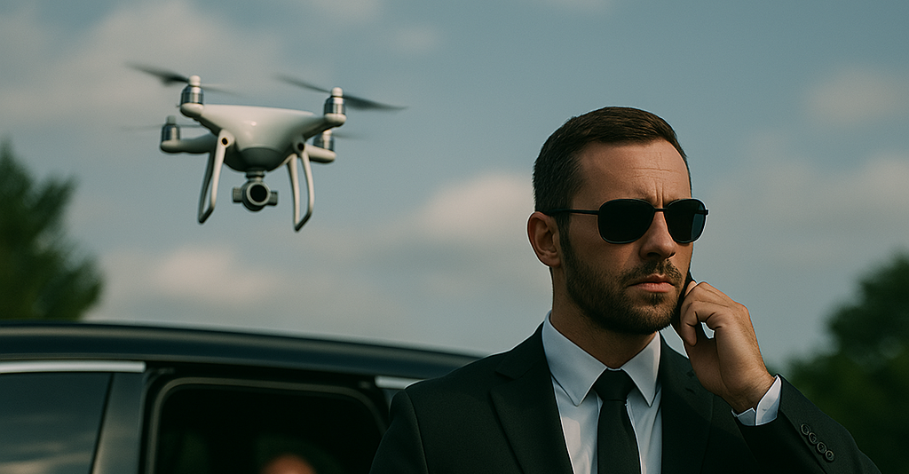 Executive protection with aerial drone oversight